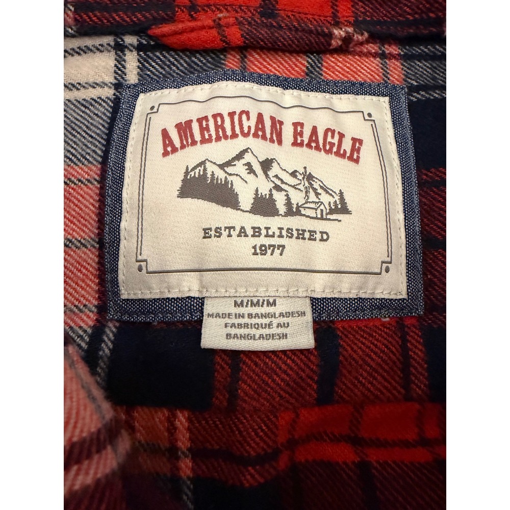 American Eagle Mens Red Plaid Flannel Button Down Shirt Medium Long Sleeve - Picture 5 of 6
